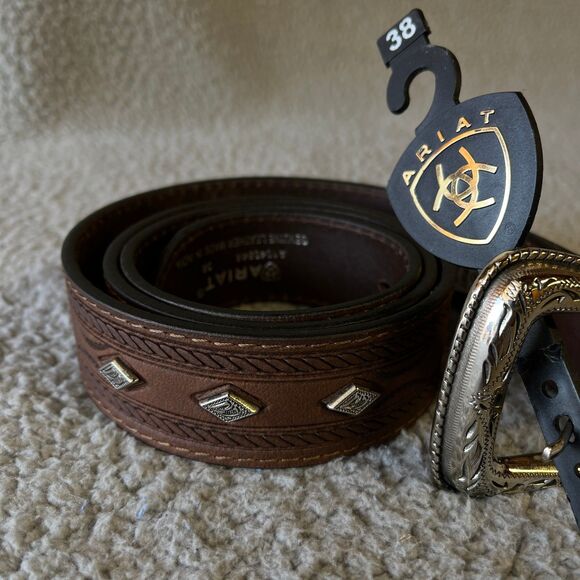 Ariat Concho Belt Mens 38 Brown Leather Tooled Cowboy Rodeo Western Ranch Farm - Picture 1 of 7